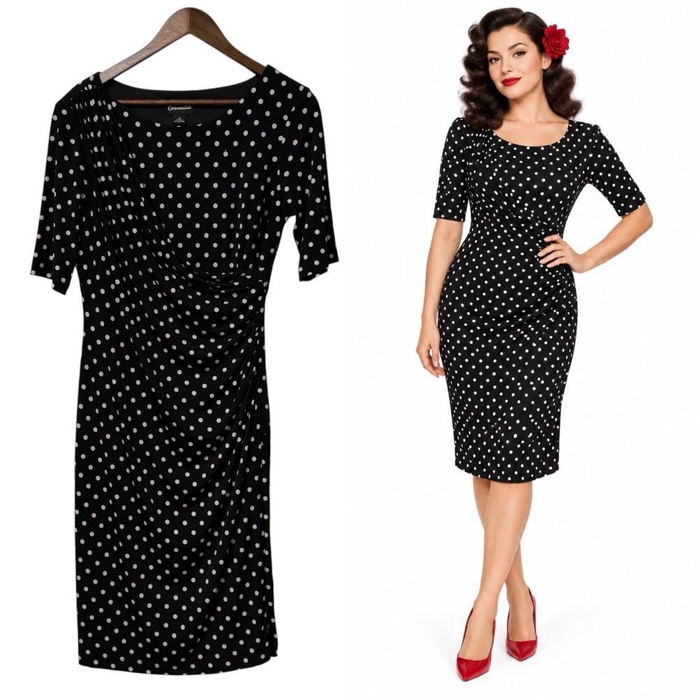 Womens 10 Sheath Dress Polka Dot Pin Up Faux Wrap Ruched Stretch Knit Rockabilly